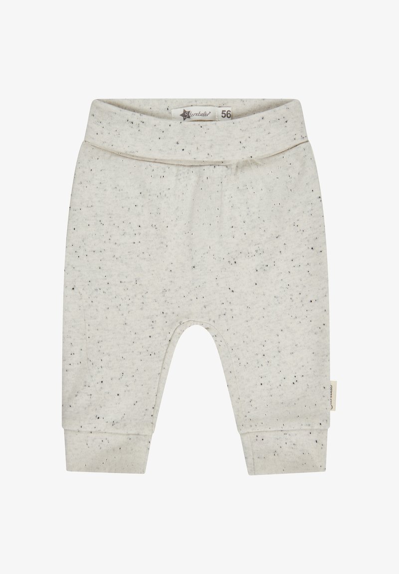 Light gray baby pants made of soft cotton blend with black speckles, elastic waistband, and cuffs at the ankles for comfort and fit.