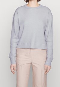 Lichtpaarse cropped sweatshirt met geribbelde textuur, ronde halslijn en relaxte pasvorm. Lange mouwen hebben contrasterende manchetten.