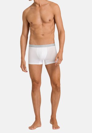 Modello maschile che indossa boxer aderenti bianchi con una fascia grigia in vita, in piedi a piedi nudi su uno sfondo chiaro e semplice.