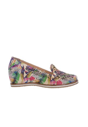 Ballet flats with a low wedge heel, featuring a colorful reptile-patterned exterior, and an open design over the toe area for breathability.