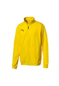 Yellow lightweight jacket with a zippered front, high collar, elastic cuffs, and a black logo on the left chest. Smooth texture, sporty design.