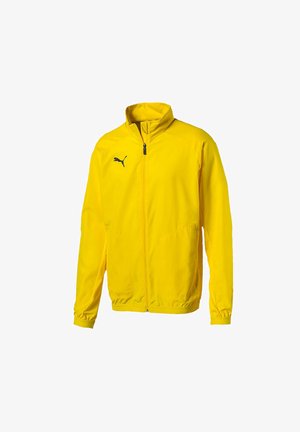 Gelbe, leichte Jacke mit einem Reißverschluss auf der Vorderseite, hohem Kragen, elastischen Bündchen und einem schwarzen Logo auf der linken Brust. Glatte Textur, sportliches Design.