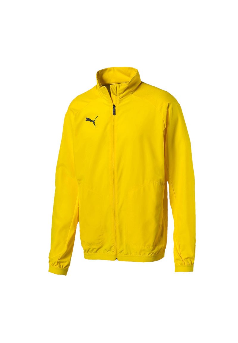Yellow lightweight jacket with a zippered front, high collar, elastic cuffs, and a black logo on the left chest. Smooth texture, sporty design.