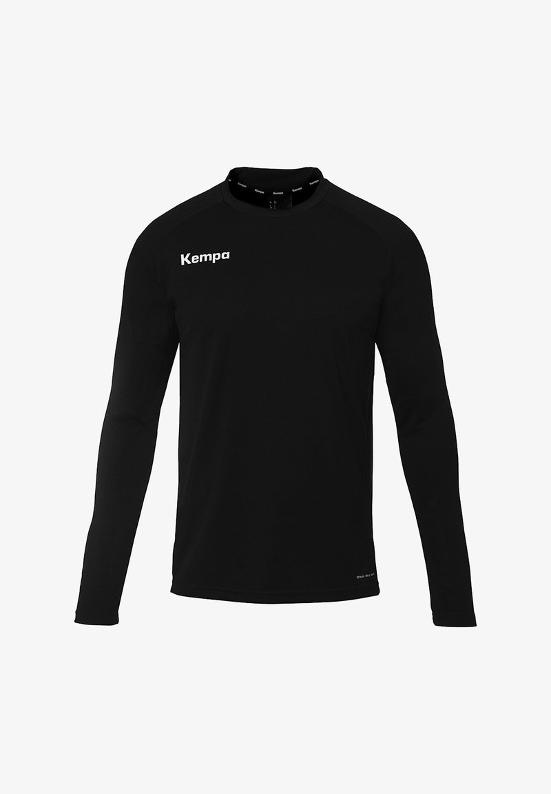 Langærmet sort trænings T-shirt med rund hals, lavet af letvægtsstof, med hvid "Kempa" logo på brystet og skulderen.