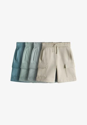 Vier Paar Fleece-Cargoshorts in gedämpften Blau-, Grün-, Grau- und Beigetönen mit elastischem Bund und Taschen, überlappend auf weißem Hintergrund angeordnet.