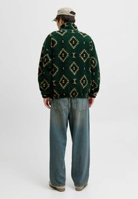 Grüner Fleece-Pullover mit Rautenmuster, hohem Kragen und langen Ärmeln, kombiniert mit hellblauen, weiten Jeans und beigen Schuhen.