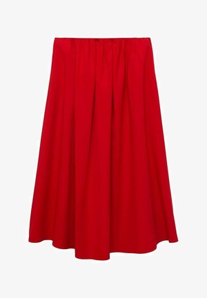 Red, knee-length skirt with a gathered waistband and flowing A-line design. Made from smooth fabric with no visible patterns or accents.