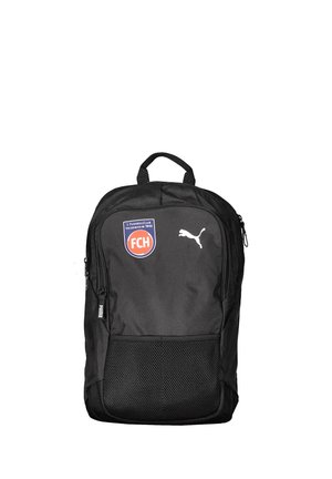 Zaino nero Puma con logo 1. Fußballclub Heidenheim 1846 e tasca frontale in rete, con cerniera e maniglia superiore.