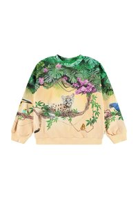 Long-sleeve sweatshirt in soft fabric featuring a colorful jungle scene with a leopard, birds, and flowers on a peach background.