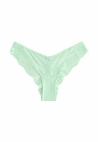 Tanga verde mentă cu margine din dantelă. Material moale, elastic, cu margine din dantelă cu model valurit și detaliu mic cu fundiță în centrul frontal.