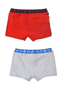 Red and gray cotton boxer shorts featuring elastic waistbands with Avenger logos, plain designs, and short leg lengths.