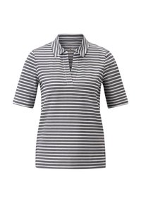 Polo à manches courtes gris et blanc à rayures horizontales, col en V et coupe décontractée.