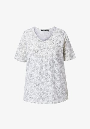 Valkoinen lyhythihainen V-aukko paita, jossa on musta ääriviivakuosi, joka esittää merikilpikonnia ja vesikasveja.