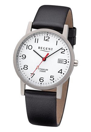 Round silver titanium wristwatch with white face, black leather strap, black hour and minute hands, red second hand, and date display at 3 o'clock.