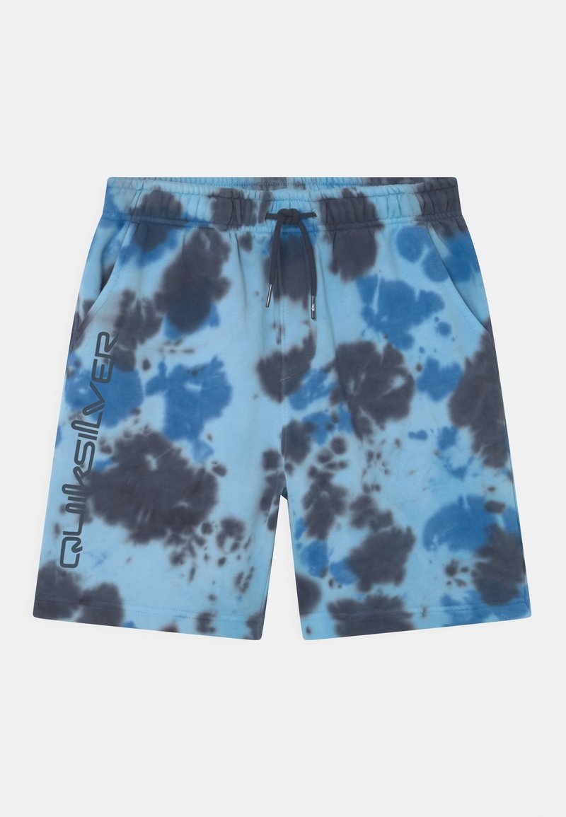 Short de bain tie-dye bleu et noir avec une taille élastique, un cordon de serrage, des poches latérales et le logo « Quiksilver » sur la jambe gauche.