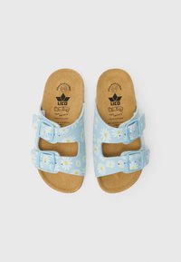 Svetlo modre natikače za drsanje z vzorci marjetic, z dvema nastavljivima trakovoma s srebrnimi zaponkami. Pluta podplat in gumijasti teki.