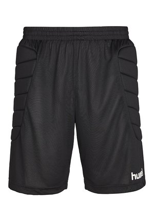 Zwarte sportieve shorts van textuurstof, met gevoerde zijpanelen en een elastische tailleband met een wit logo aan de onderkant van de voorkant.