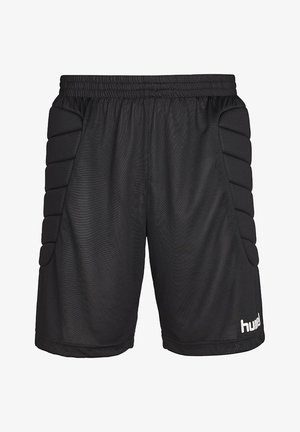 Zwarte sportieve shorts van textuurstof, met gevoerde zijpanelen en een elastische tailleband met een wit logo aan de onderkant van de voorkant.