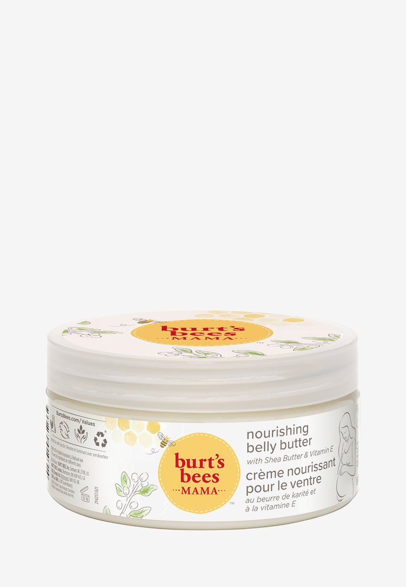 Pot de beurre nourrissant pour ventre Mama de Burt's Bees avec beurre de karité et vitamine E, présentant des illustrations florales et d'abeilles sur l'étiquette.
