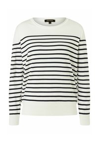 Wit trui met lange mouwen en zwarte horizontale strepen. Heeft een ronde hals en geribbelde boorden aan de mouwen en zoom. Gemaakt van zacht, lichtgewicht gebreid materiaal.