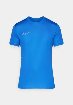 Sininen urheilupaita kevyestä kankaasta, jossa on lyhyet hihat, pyöreä pääntie ja valkoinen Nike-logo rinnassa. Sileä pinta.