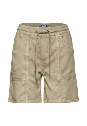 Knælange beige shorts med elastisk talje og snøre. Har frontlommer og en tekstureret stoffinish.