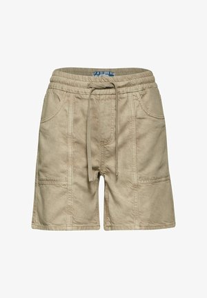 Pantaloni corti beige a metà coscia con vita elastica e cordoncino. Presentano tasche anteriori e una finitura in tessuto textured.