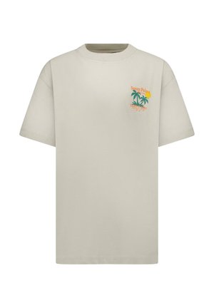Beige T-shirt met korte mouwen van katoen, met een kleine multicolour afbeelding van palmbomen en de tekst "Sunny Palms" op de borst.