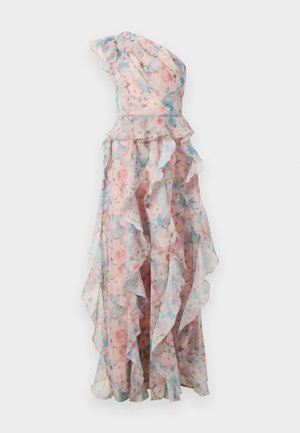 Dress in sheer fabric featuring a floral pattern in pink and blue, one-shoulder design, and ruffled layers on the skirt.