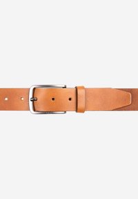 Tan leather belt with a silver rectangular buckle. Features a smooth texture, several holes for adjustment, and a tapered end.