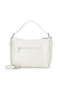 Biała torebka z sztucznej skóry o półstrukturalnym kształcie, z pojedynczym paskiem na ramię, przednią kieszenią na zamek błyskawiczny i srebrnymi akcentami metalowymi.
