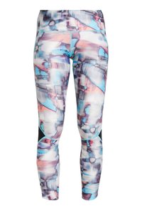 Korkea vyötäröiset legginsit, joissa on abstrakti akvarellikuosi vaaleansinisissä, vaaleanpunaisissa ja purppuran sävyissä, mustilla verkkopaneeleilla polvien takana.
