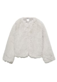 Kort hvid imiteret pelsjakke med rundet krave og vide ærmer, med en blød, fluffy tekstur og en cropped pasform.