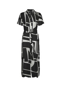 Vestido cam largo en blanco y negro con patrones geométricos, mangas cortas, cierre de botones en la parte delantera y un lazo en la cintura para un ajuste ajustable.