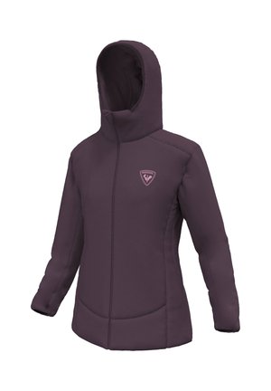 Violetti eristetty takki hupulla, jossa on vetoketjullinen etuosa, sivutaskut ja pieni logo-alue vasemmassa ylärinnassa. Sujuva pinta.