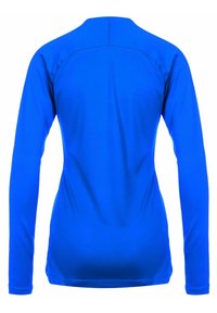 Long-sleeve shirt in vibrant blue fabric, featuring a smooth texture and a round neckline. Seam details enhance structure.