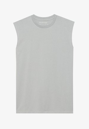 Light gray sleeveless T-shirt made of soft cotton, featuring a round neck and straight hem with subtle stitching details.