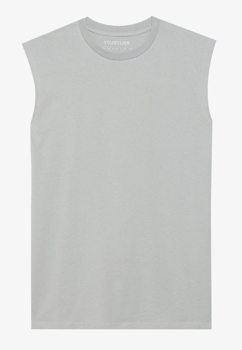 T-shirt sans manches gris clair en coton doux, avec un col rond et un ourlet droit, agrémenté de détails de couture subtils.