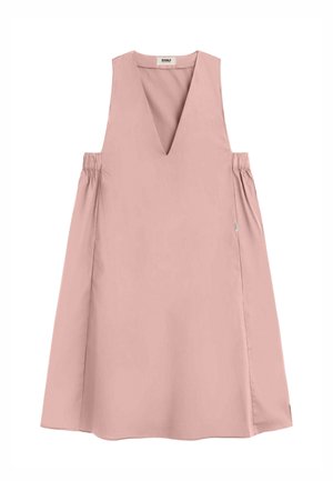 Ärmelloses, locker sitzendes rosa Kleid mit tiefem V-Ausschnitt und gerafften elastischen Seiten, aus glattem Stoff gefertigt.