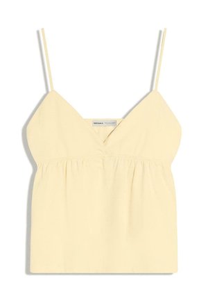 Bledo rumena brezrokavnik z ozkimi trakovi, V-izrezom, nabranim detajlom v pasu in lahkim materialom.