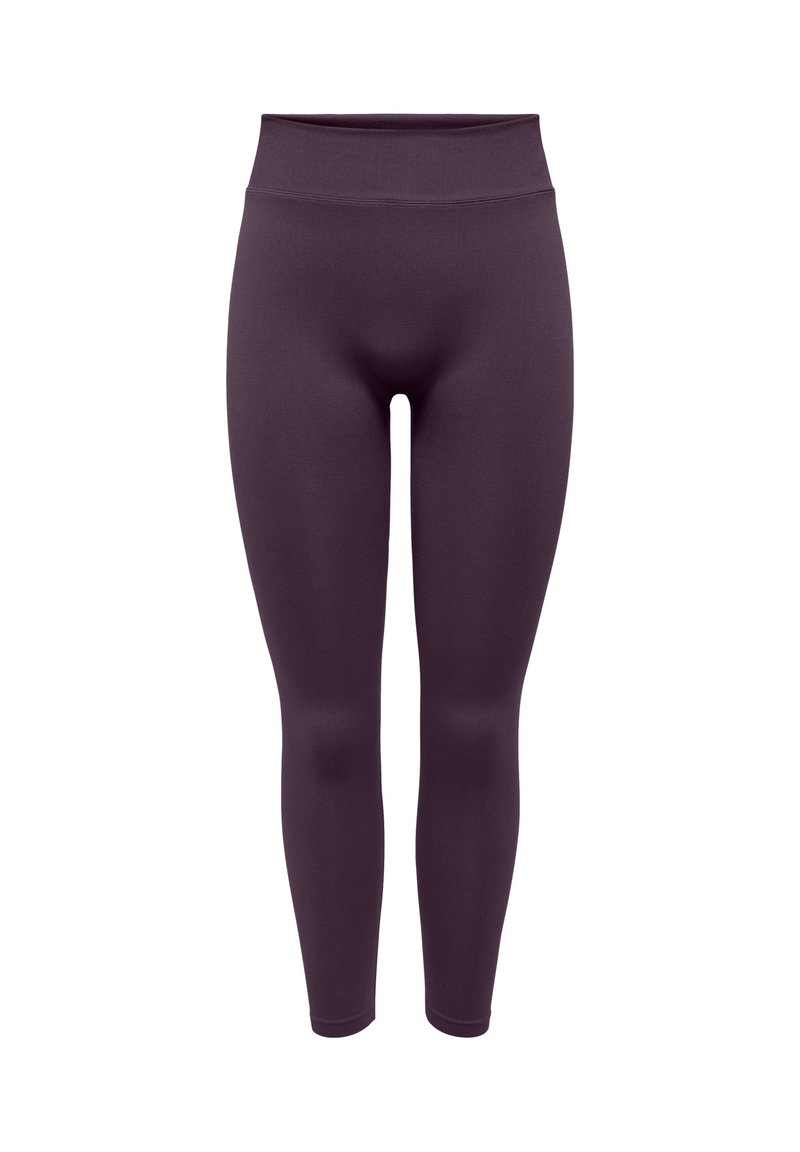 Maroon leggings made of stretchy fabric, featuring a high waist and fitted design. Smooth texture with no visible patterns or accents.