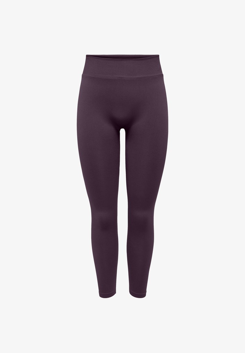 Maroon leggings made of stretchy fabric, featuring a high waist and fitted design. Smooth texture with no visible patterns or accents.
