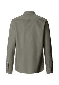 Koszula oliwkowo-zielona z długim rękawem, zapinana na guziki, widziana od tyłu, z klasycznym kołnierzem i mankietami zapinanymi na guziki.