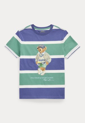 Striped short-sleeve t-shirt in blue, green, and white. Features an illustration of a bear in a blue cap and sweater. Soft fabric with a classic fit.