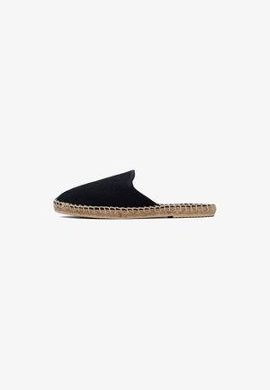 Espadrilla nera slip-on con suola in juta intrecciata e punta chiusa arrotondata, vista di profilo su sfondo bianco.