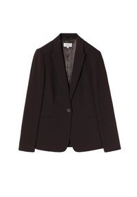Dark brown blazer with a structured design, notched lapels, single button closure, and two front pockets. Smooth inner lining.