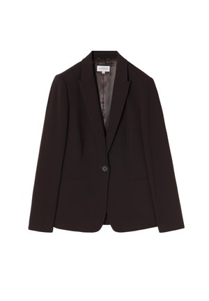 Tmavě hnědý blazer se strukturovaným designem, klopami typu notch, jedním knoflíkem na zapínání a dvěma předními kapsami. Hladká vnitřní podšívka.