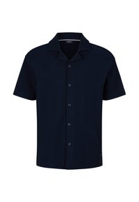 Marineblauw overhemd met korte mouwen, voorzien van een notch-kraag en zes knopen. Gemaakt van textuurstof met een rechte snit en subtiele branding.