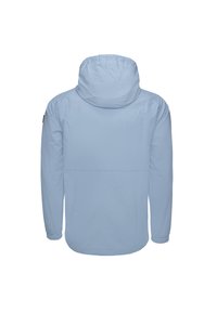 Light blue jacket with a hood, elastic cuffs, and a simple design. Made from smooth, lightweight fabric, featuring a rear seam detail.
