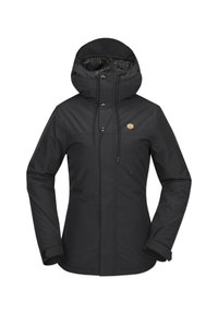 Schwarze wasserfeste Jacke mit verstellbarem Kapuzenzug, Frontknöpfen und einem hexagonalen Logo auf der Brust. Sie verfügt über lange Ärmel und eine schlanke Passform.